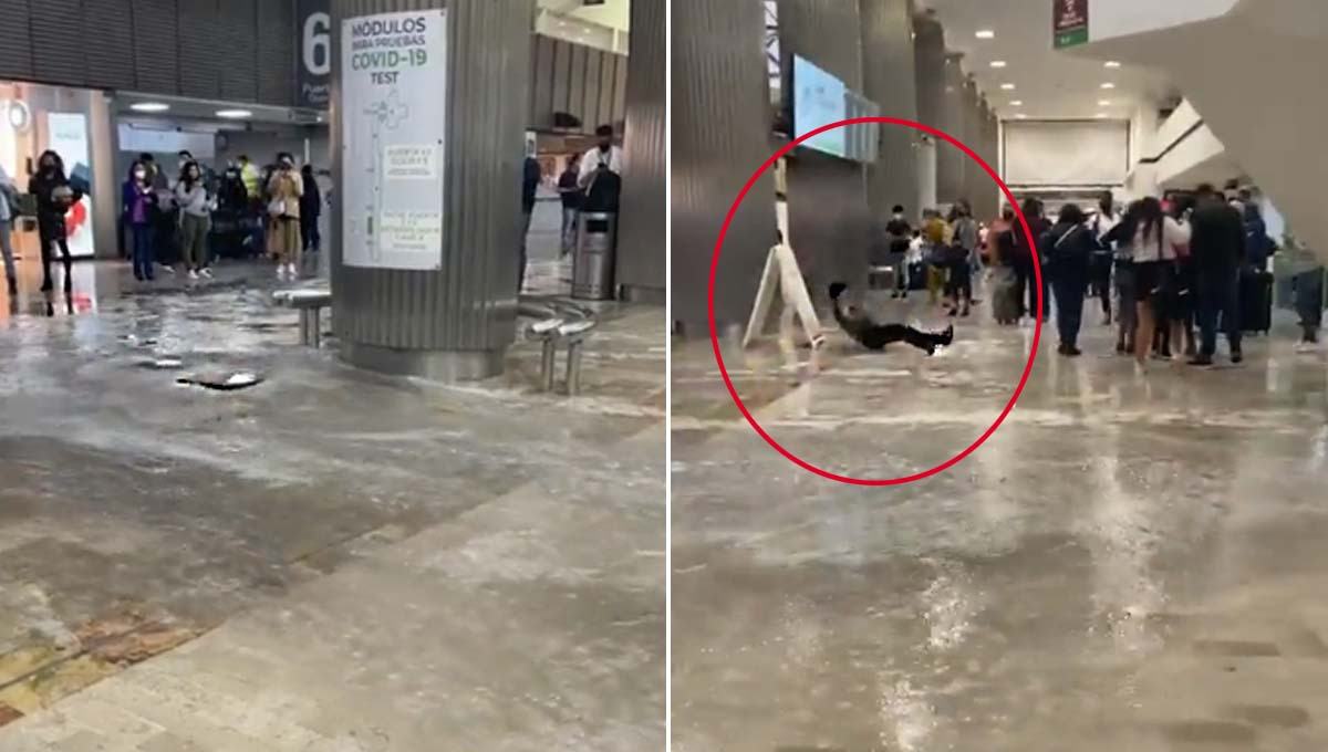 Usuarios captan inundaciones dentro del AICM; hombre sufre fuerte caída (VIDEOS)