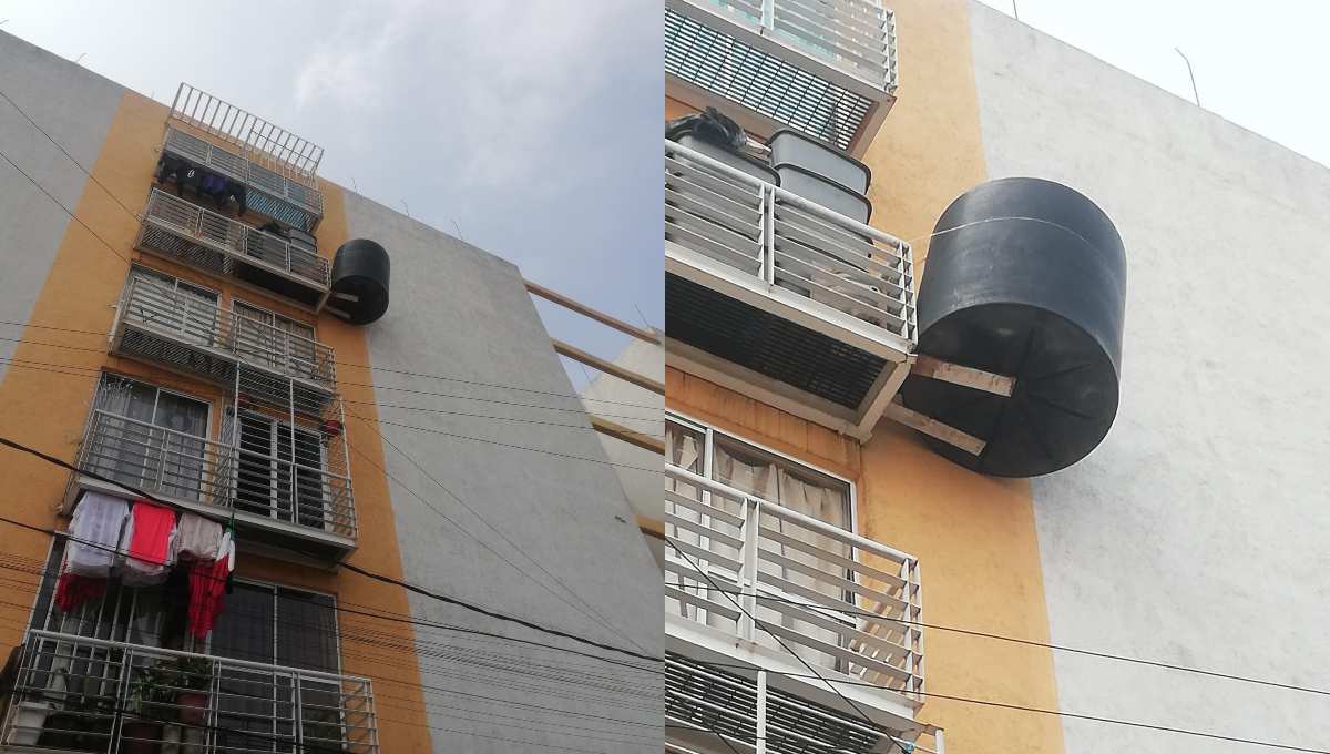 Tinaco asegurado a un balcón con lazo y tablas provoca alerta entre vecinos de Iztacalco