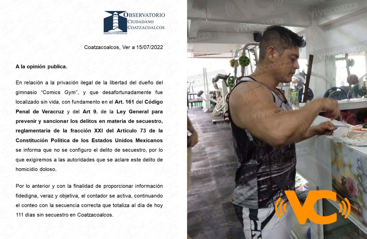 Observatorio «Ciudadano» defiende su contador: dice que no se configuró el delito de secuestro en contra del empresario hallado cercenado en Coatzacoalcos Observatorio «Ciudadano» defiende su contador: dice que no se configuró el delito de secuestro en contra del empresario hallado cercenado en Coatzacoalcos