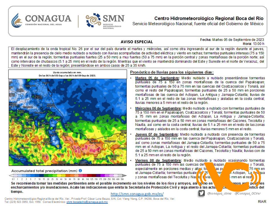 Conagua emite aviso por presencia de lluvias y tormentas intensas en el estado de Veracruz Conagua emite aviso por presencia de lluvias y tormentas intensas en el estado de Veracruz