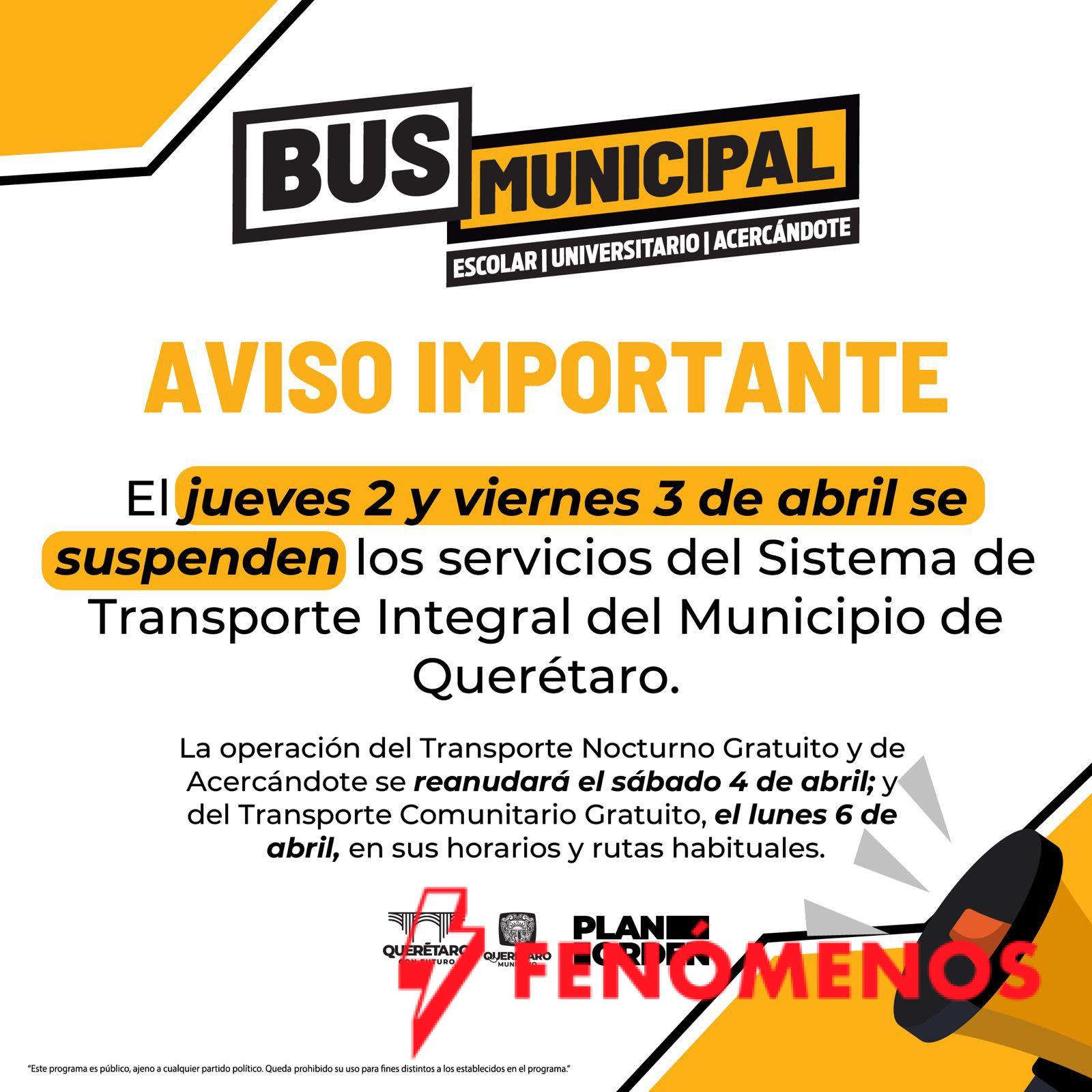 Anuncia Municipio de Querétaro suspensión temporal del transporte por Semana Santa