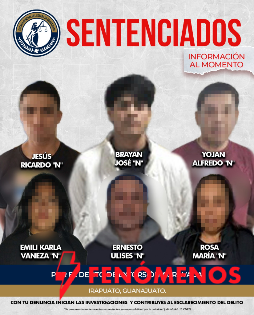 FISCALÍA GENERAL DEL ESTADO DE GUANAJUATO DESARTICULA TOTALMENTE A BANDA DE EXTORSIONADORES QUE OPERABA EN IRAPUATO; TODOS SUS INTEGRANTES YA FUERON SENTENCIADOS