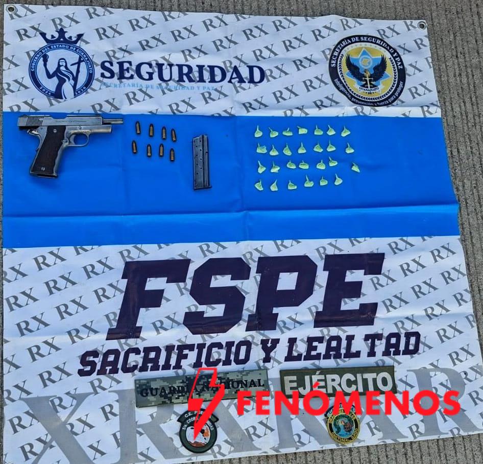 Detiene FSPE a cuatro personas y aseguran dos armas de fuego y 177 dosis de presunta droga en San Francisco del Rincón